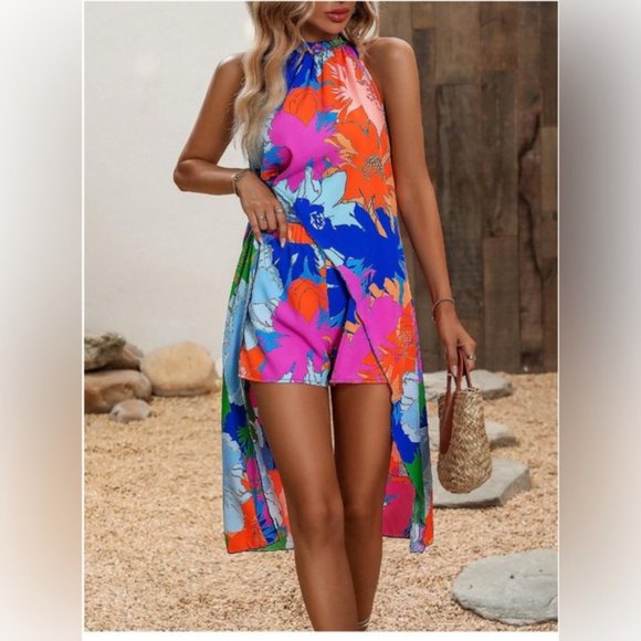 Boho Floral Print Long Halter Top & Shorts - Picture 4 of 7